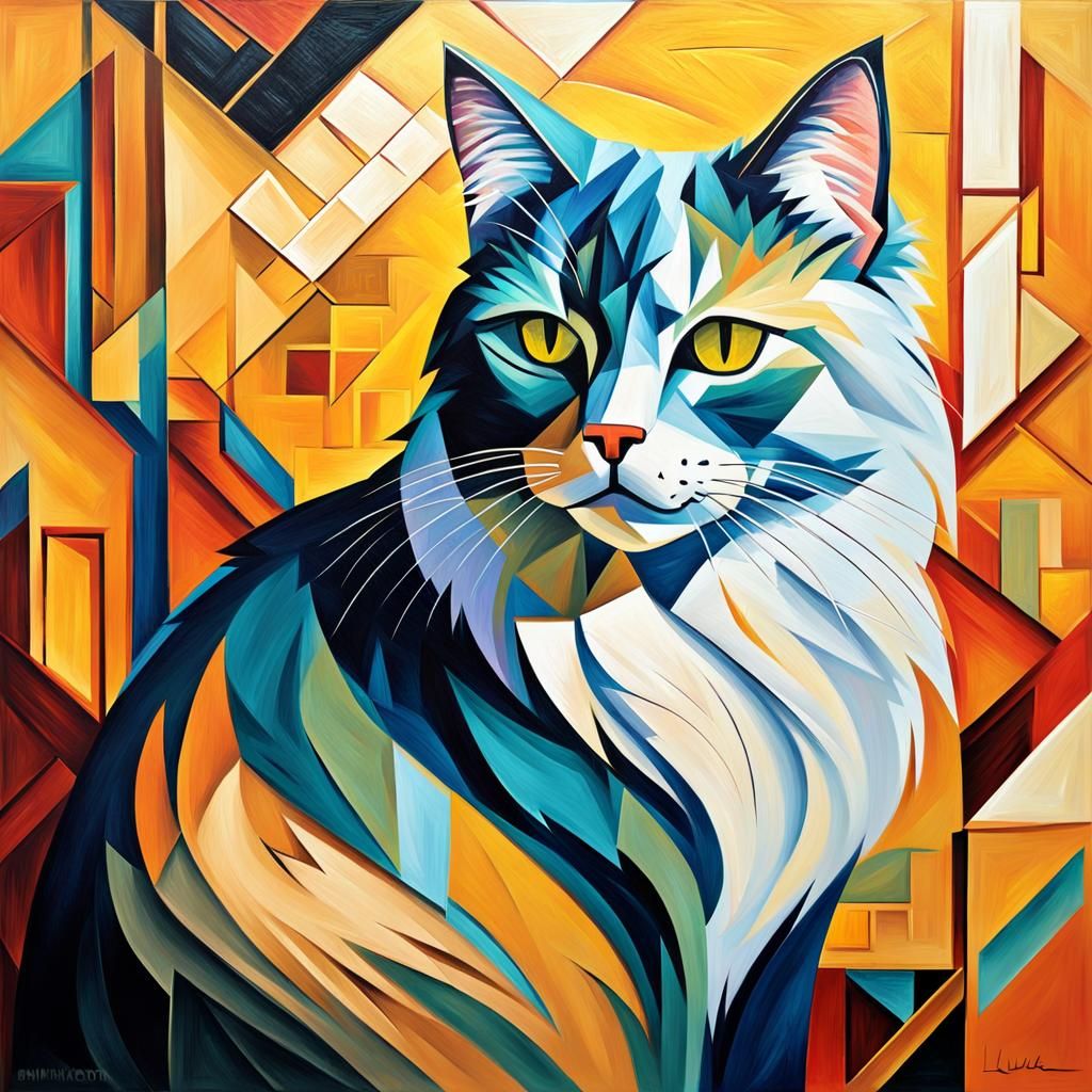Neo-Cubist Fluffy Cat in Art Deco Style