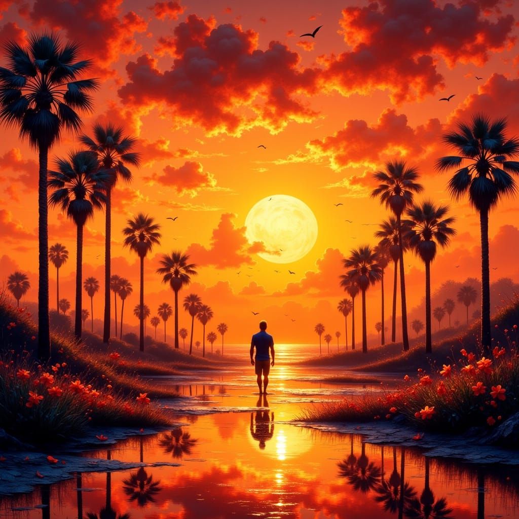 Vibrant Sunset Stroll with Palm Trees