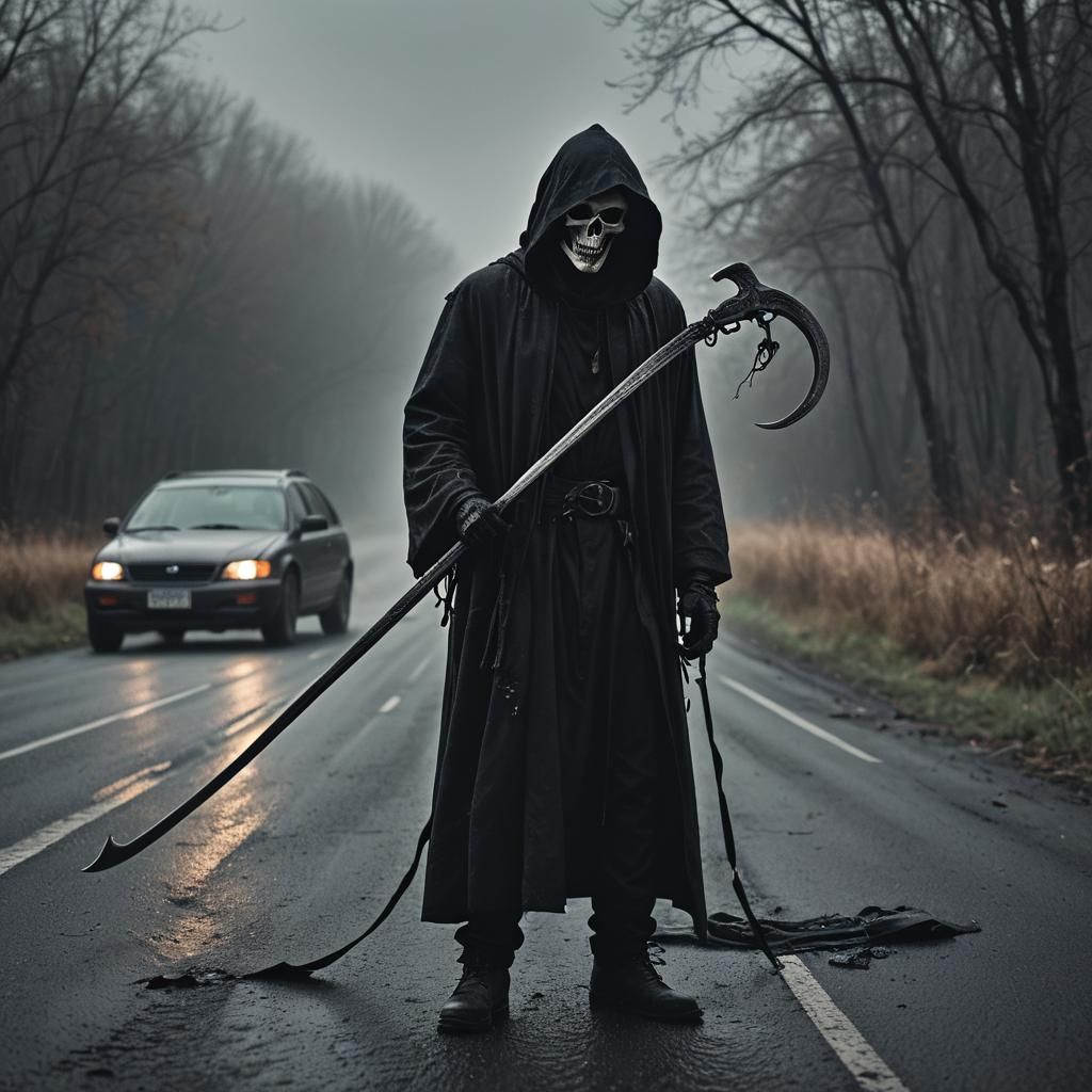 Ominous Grim Reaper Portrait at Car Crash Scene
