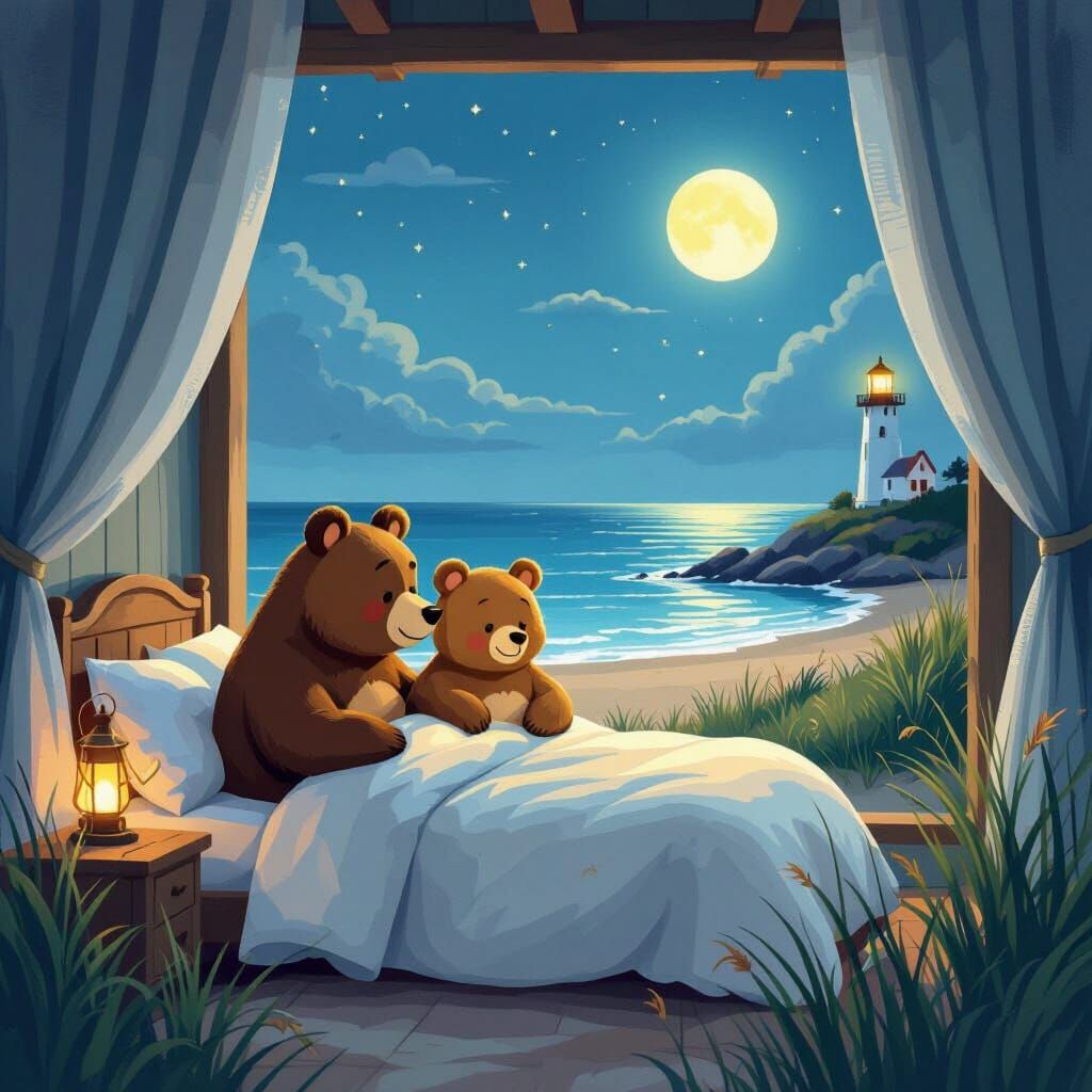 Cartoon Bears Honeymoon Suite Overlooking Moonlit Ocean