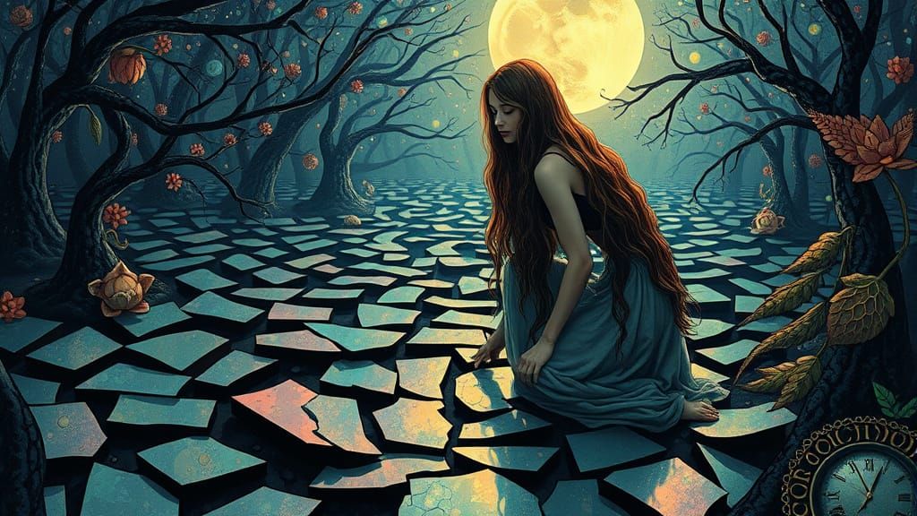 Dreamlike Labyrinth: Woman and Shattered Mirror