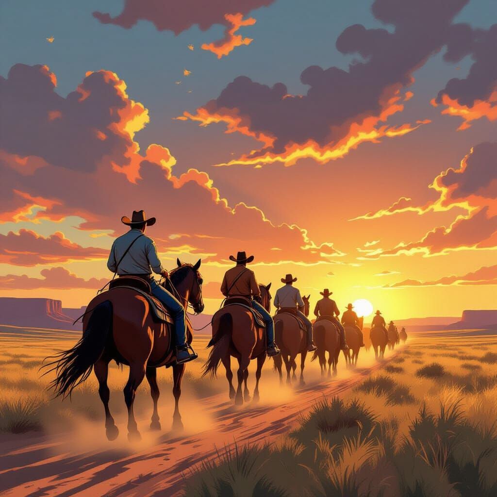 Cowboys Drive Cattle Across Sun-Drenched Plains in Comic Sty...