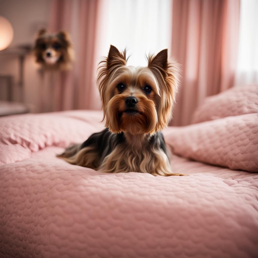 Yorkshire Terrier with Light Brown Woman in Pink Room