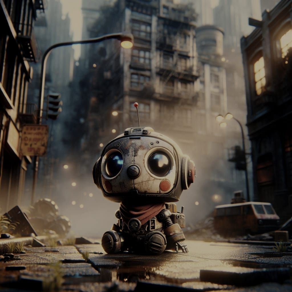 Dieselpunk Robot in Dystopian City, Matte Painting