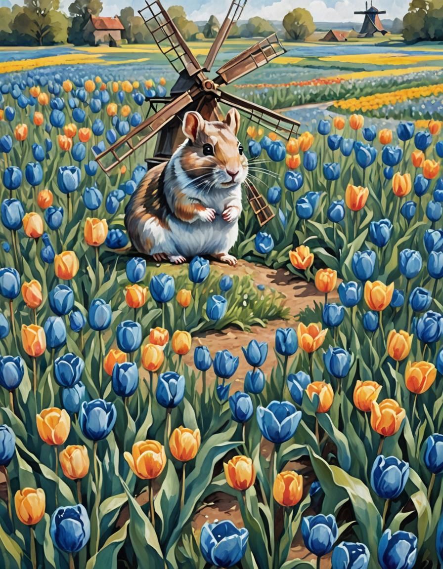 Dutch Windmill and Tulip Field in Gouache Style