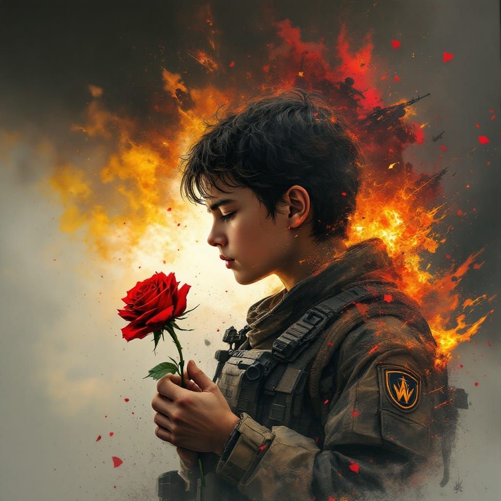 Poignant Contrast: Soldiers, Boy, and Rose in Action