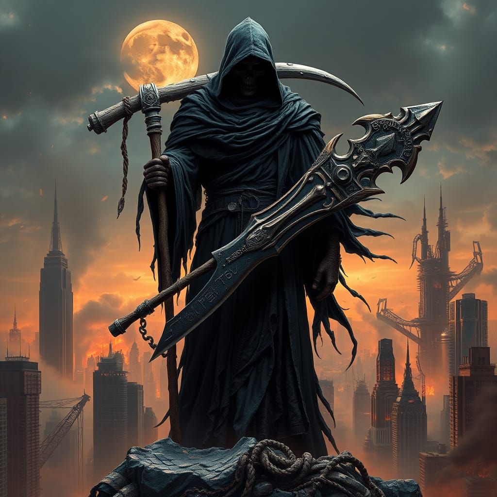 Grim Reaper in Dystopian Cityscape: Matte Painting