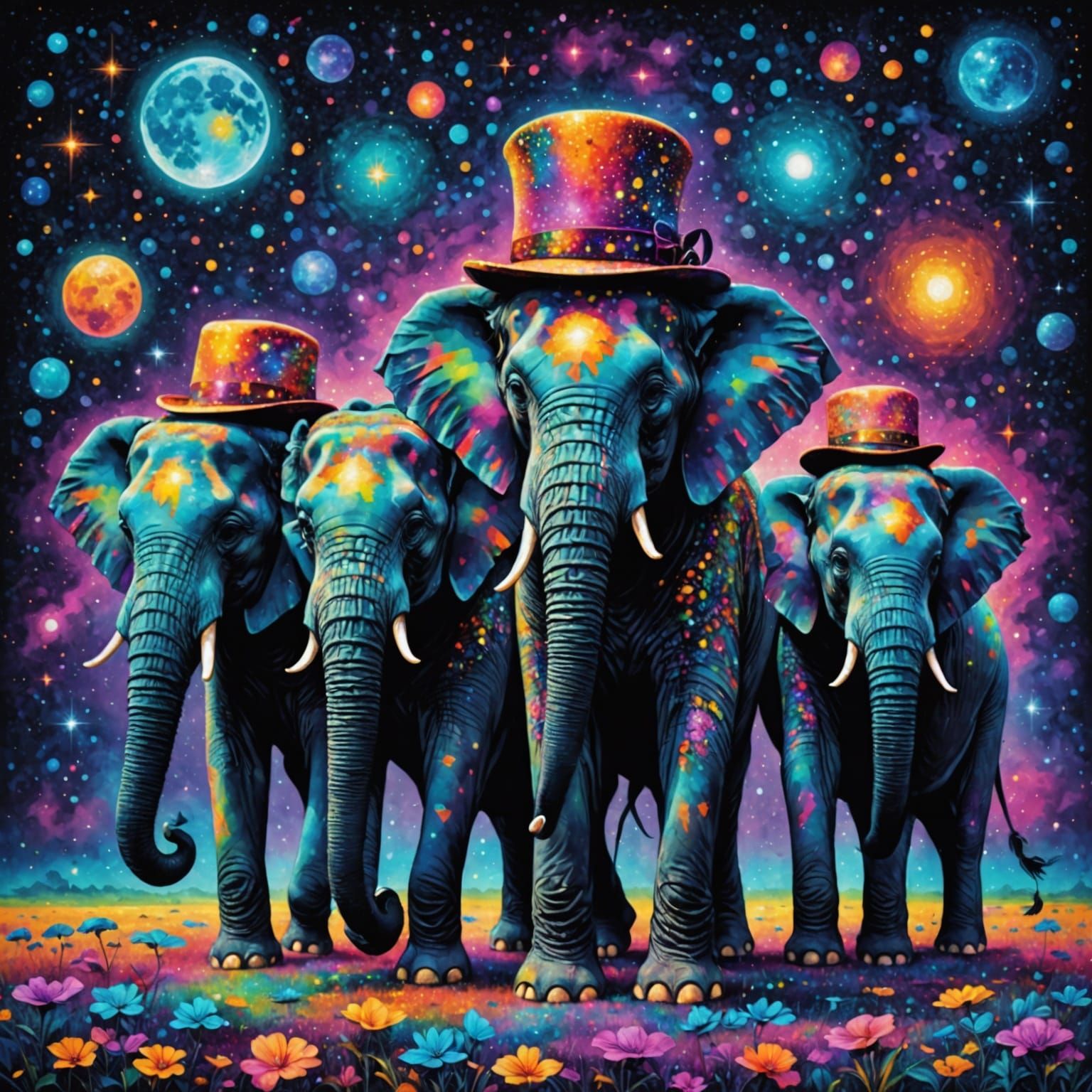 Elephants in Hats: A Pointillist Cosmic Illustration