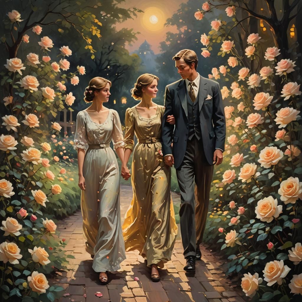 Moonlit Couple in Rose Garden: Oil Painting