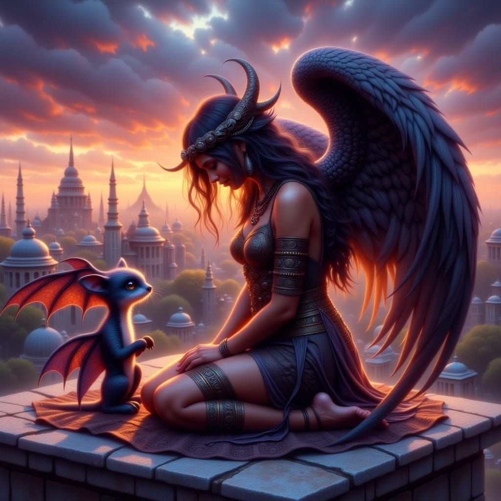 Dark Angel Kneeling on Rooftop at Twilight
