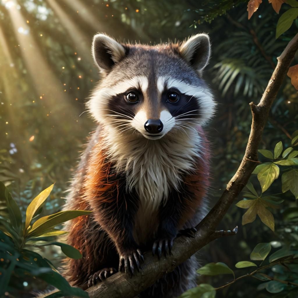 Smiling Raccoon in Cosmic Forest: Pixar Concept Art