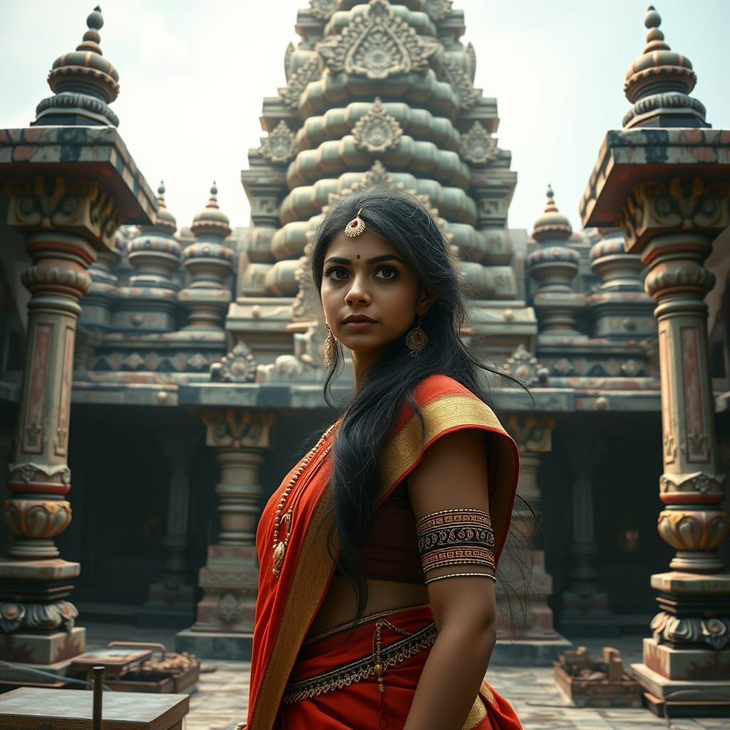 A Young Hindu Devotee in a Serene Temple