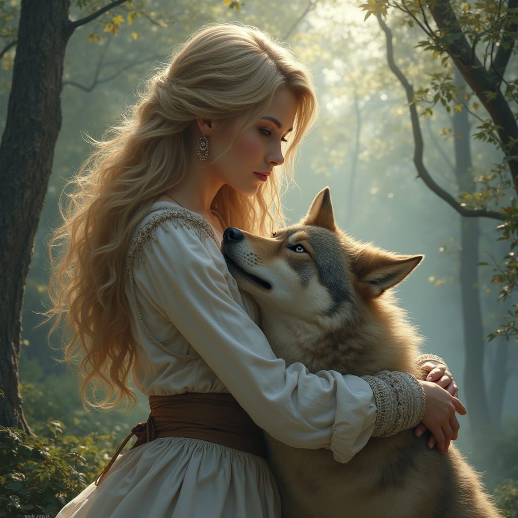 Ethereal Woman with Wolf in Fantasy Landscape