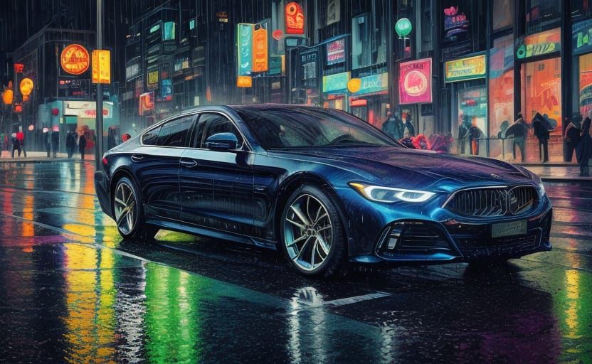 Futuristic Sedan on Rain-Slicked Street at Night