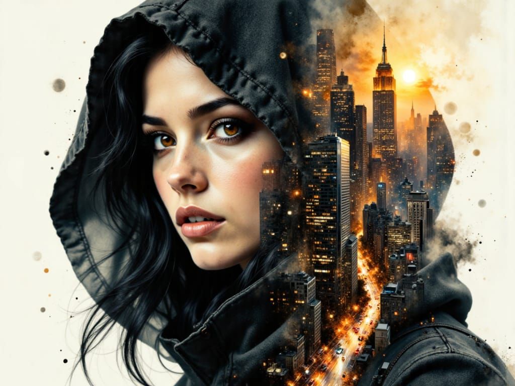 Woman's Face Merges with Vibrant Cityscape in Double Exposur...