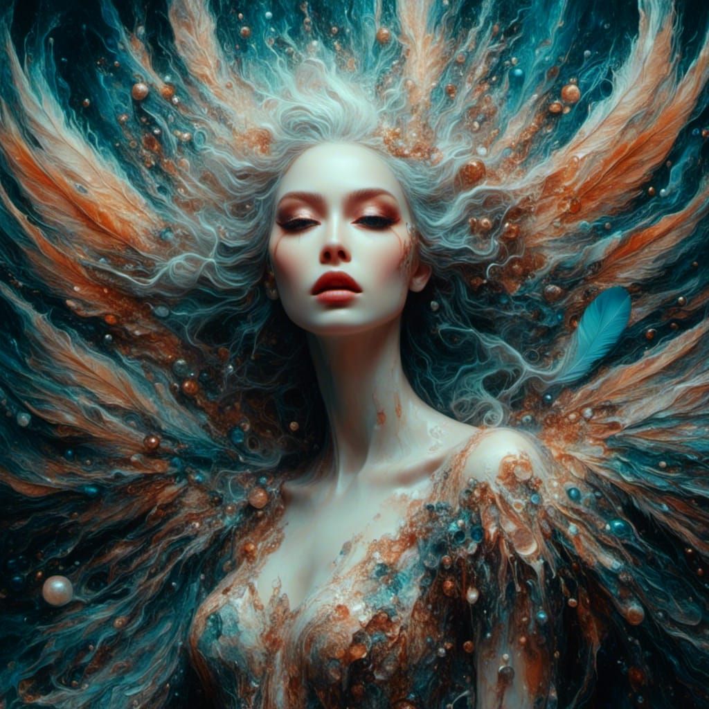 Macabre Dream with Angel Feathers as Pour Painting