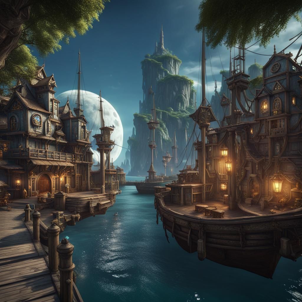 Moon Elf Island Port City: Fantasy Concept Art