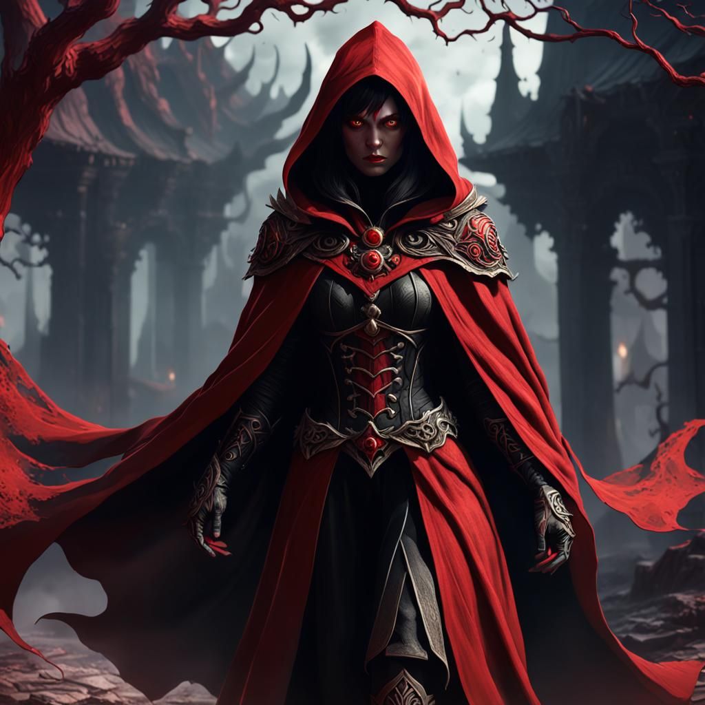 Demonic Shadow Figure in Red and Black Cloak
