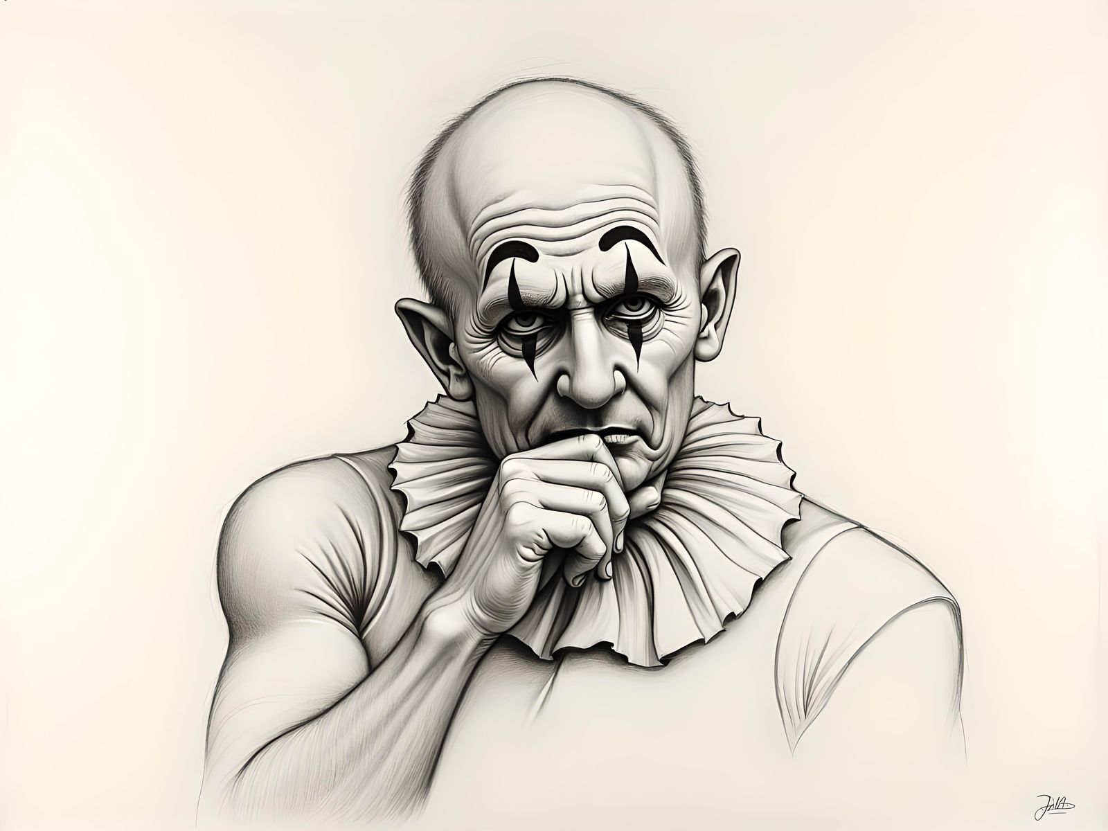 Clown Contemplating Free Will: Detailed Pencil Drawing