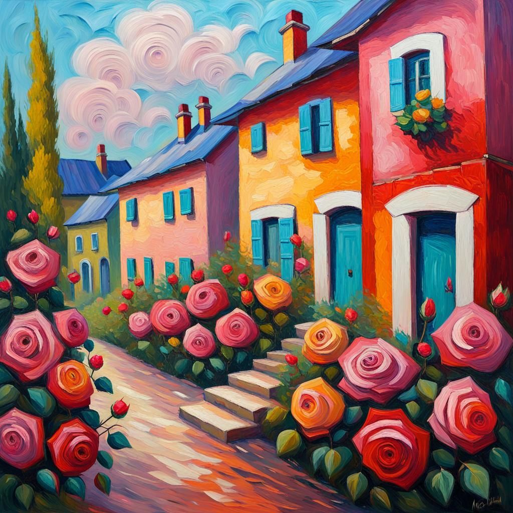 Rose-Filled World in Expressionist Oil Painting Style