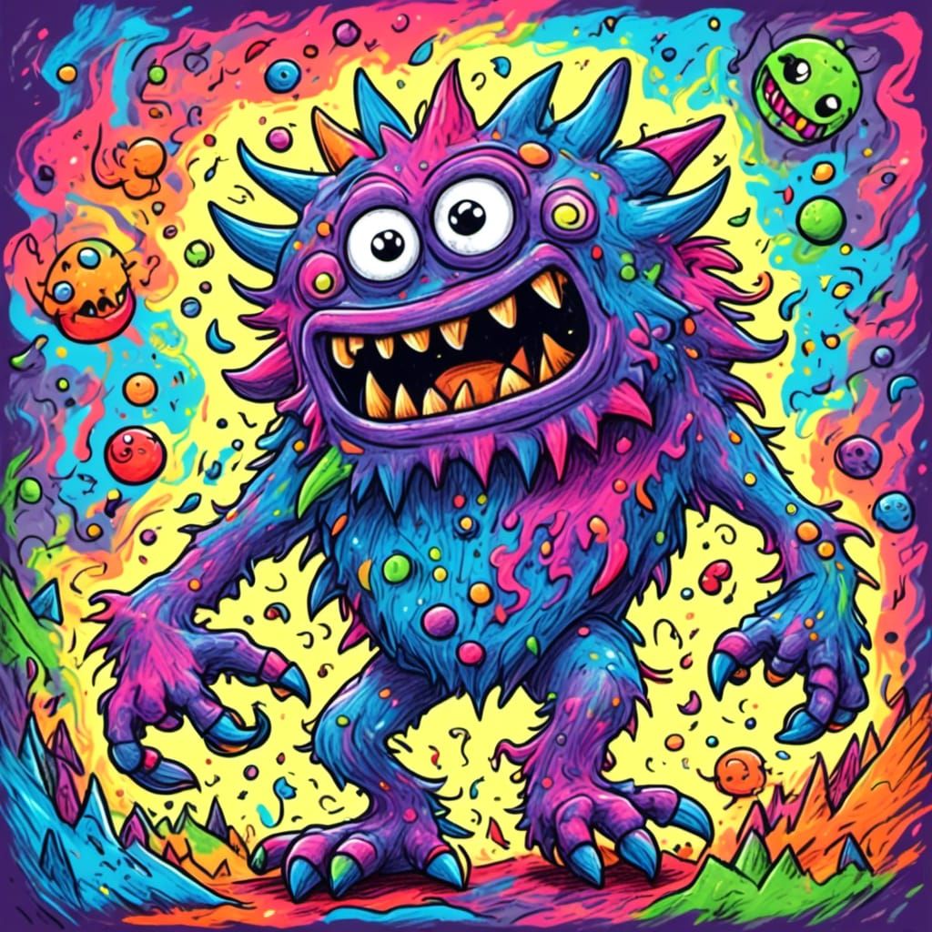 Cute Monster in Childhood Crayon Style