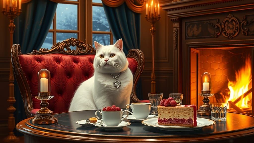 Regal Cat Enjoys Tea in Dutch Master Style