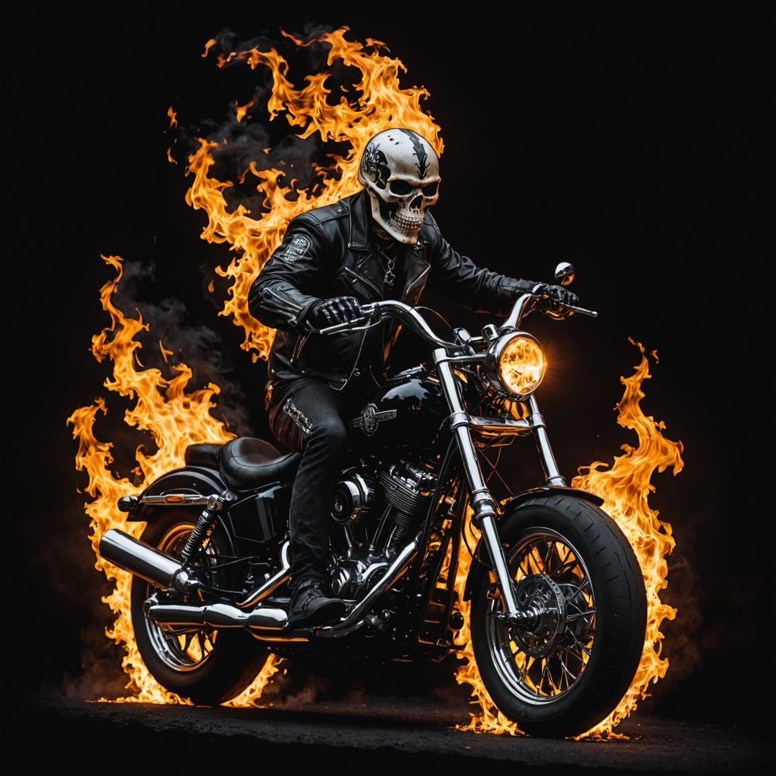 Burning Biker Skeleton on Harley in Dark Fantasy Style