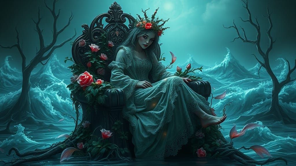 Barren Queen in Bioluminescent Wasteland, Art Nouveau Style