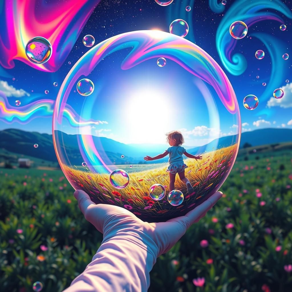 Neon Aurora Night Sky with Iridescent Bubble Sphere