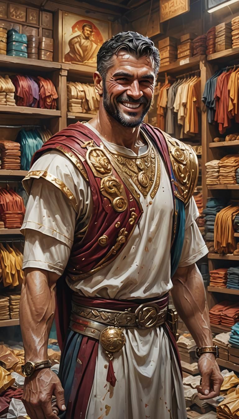 Roman Merchant Smiles in a Lavish Store, Hyperrealistic Art