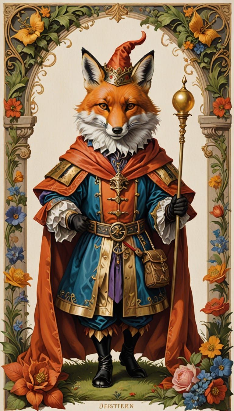 Vibrant Fox Jester in Whimsical Style