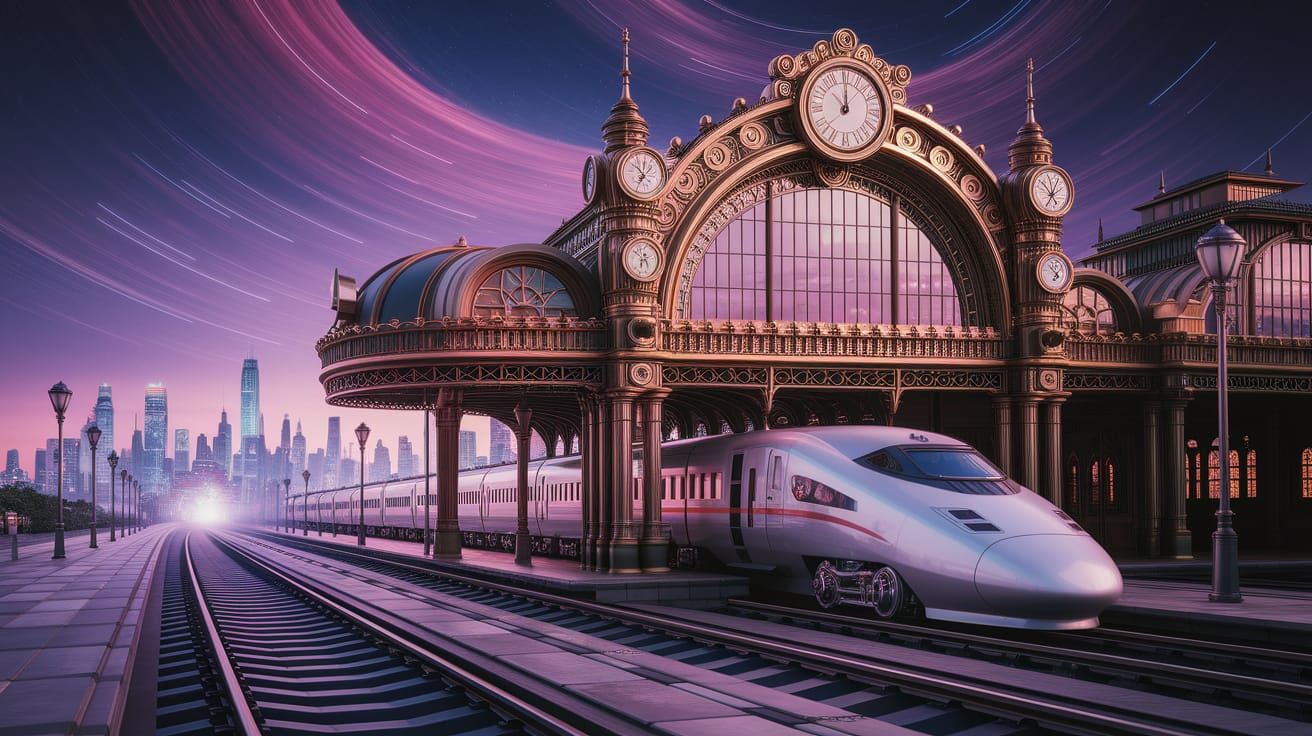 Art Deco Railway Station in Cyberpunk Style