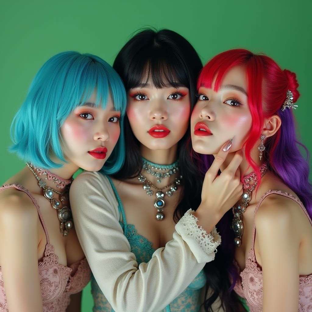K-Pop Group Photo: Blue, Black, Red/Purple Hair Girls Huggin...
