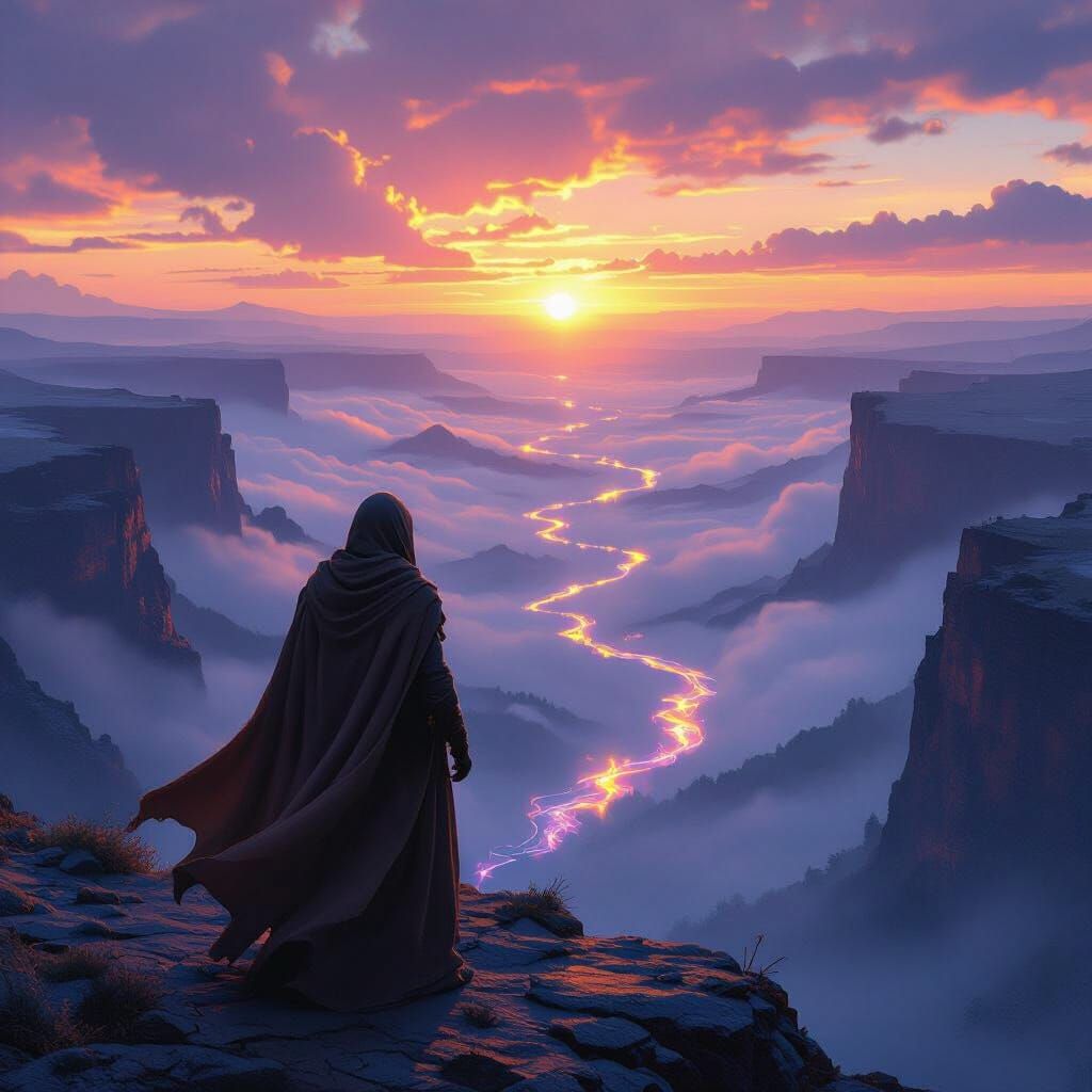 Mystical Valley: Cloaked Figure in Golden Hour