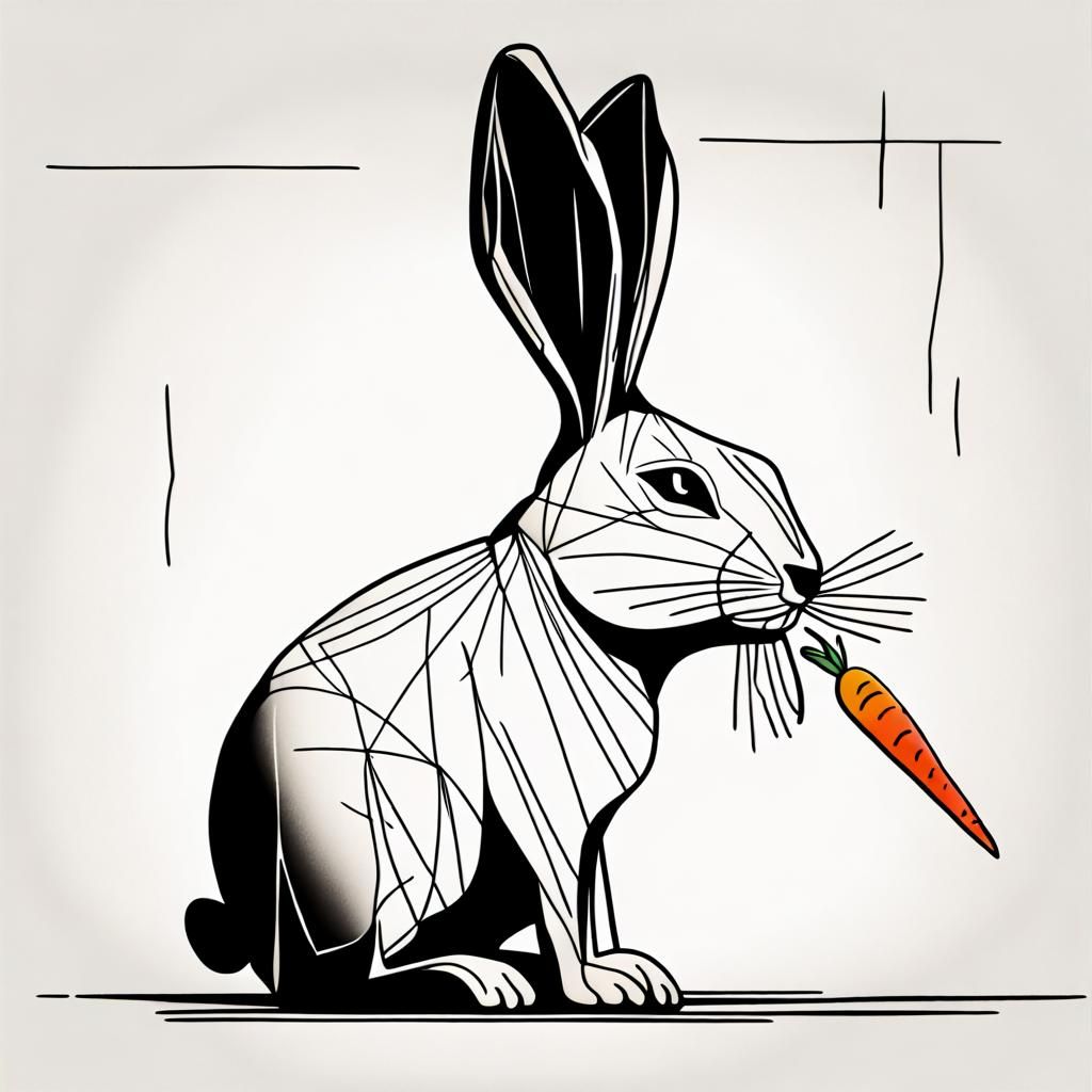 Picasso style minimalistic drawing of a rabbit eating a carr...