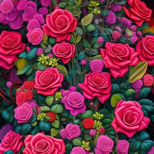 Cybernetic Jungle of Roses in Pop Art Style
