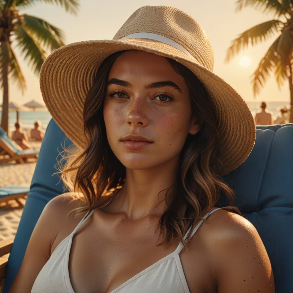 Young Woman in Swimsuit Lounging on Beach in Photorealistic ...
