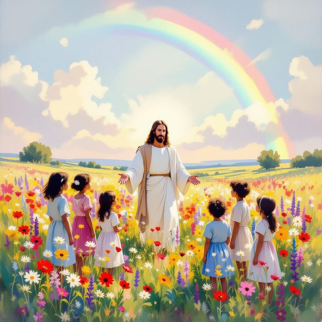 Jesus Among Children in a Watercolor Style