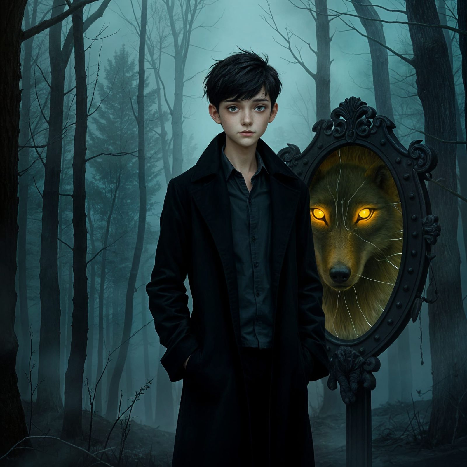 Twilight Forest Reflection: Boy and Wolf Eyes