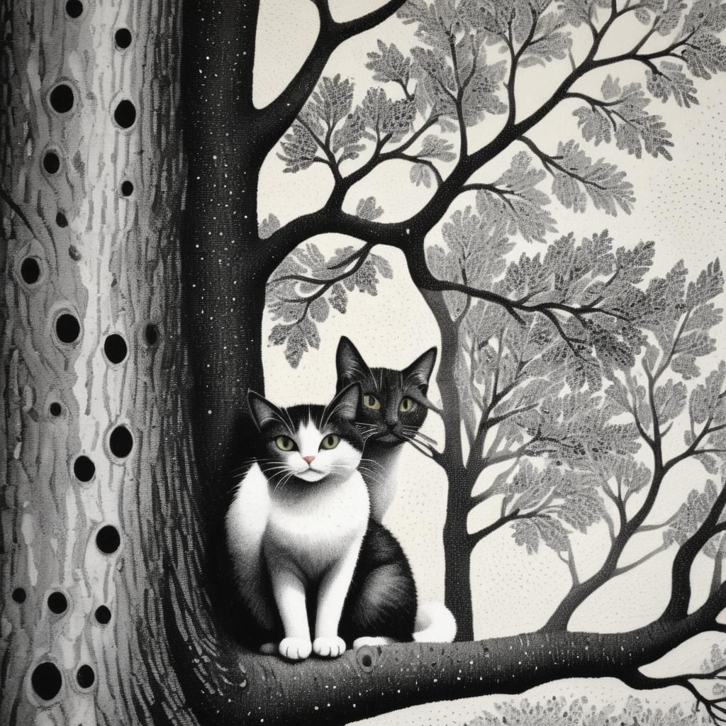 Pointillist Cat in Tree: Seurat-Inspired Dot Art