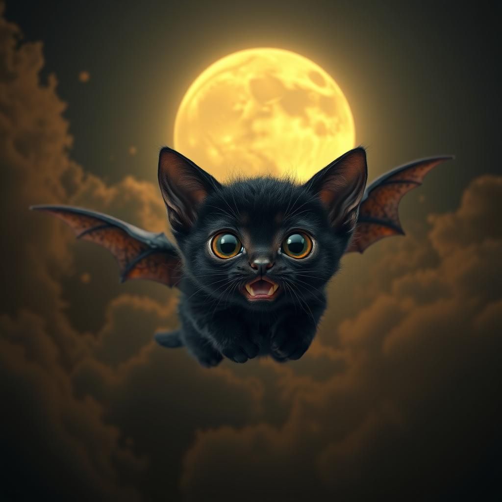 Kitten with Bat Wings Flying Under Moon