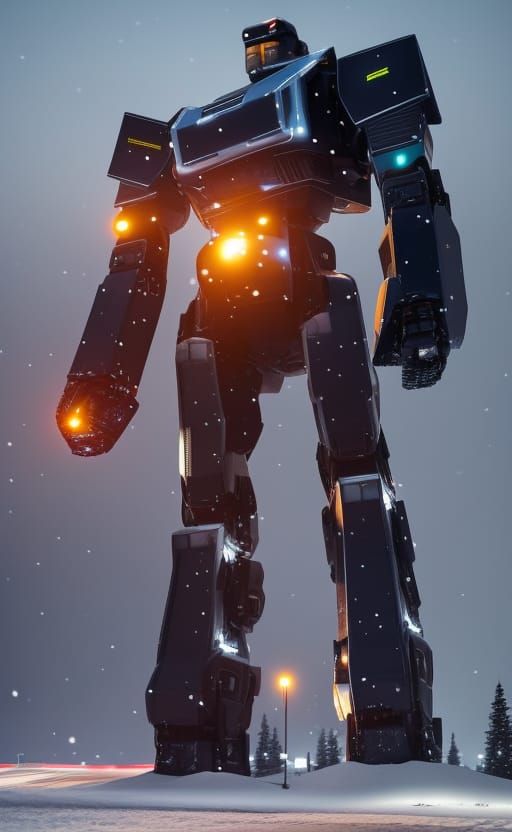 Giant Robot Walks Snowy Town at Night