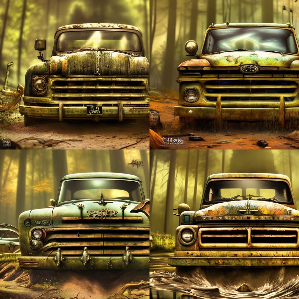 Old Pickup Truck in Dark Forest: Hyperrealistic Digital Art
