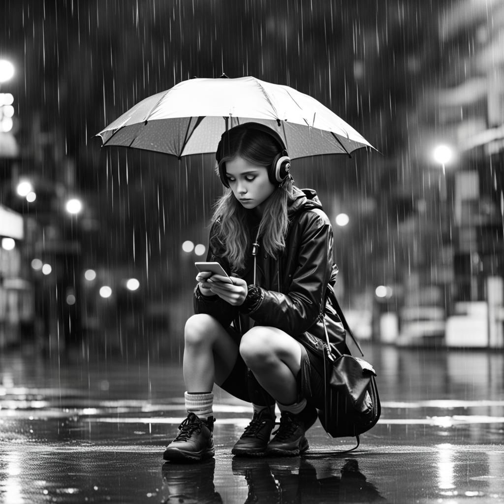 Girl with Umbrella Waiting in the Rain: Black and White
