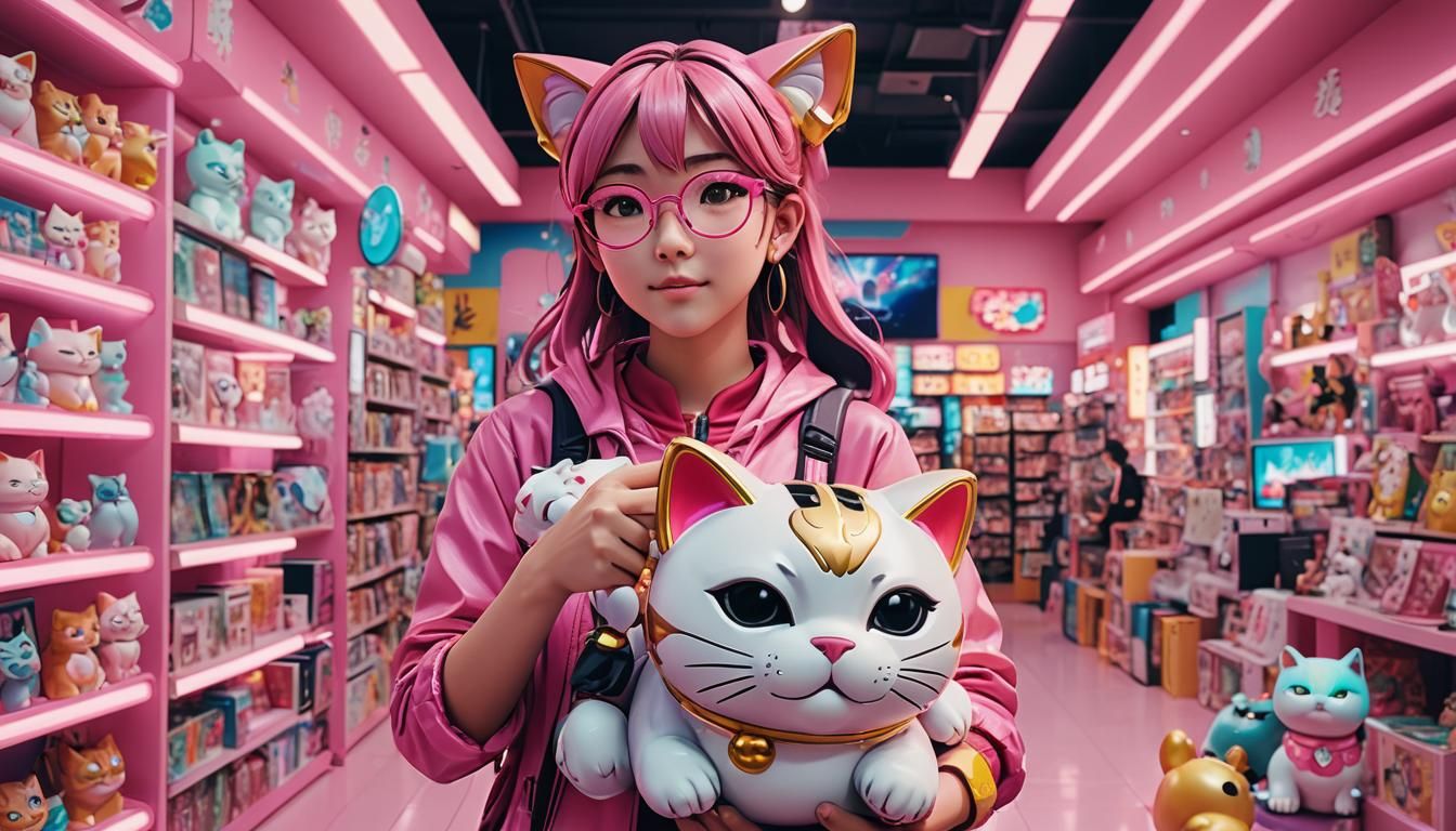 Anime Girl with Lucky Cat in Neon Game Store