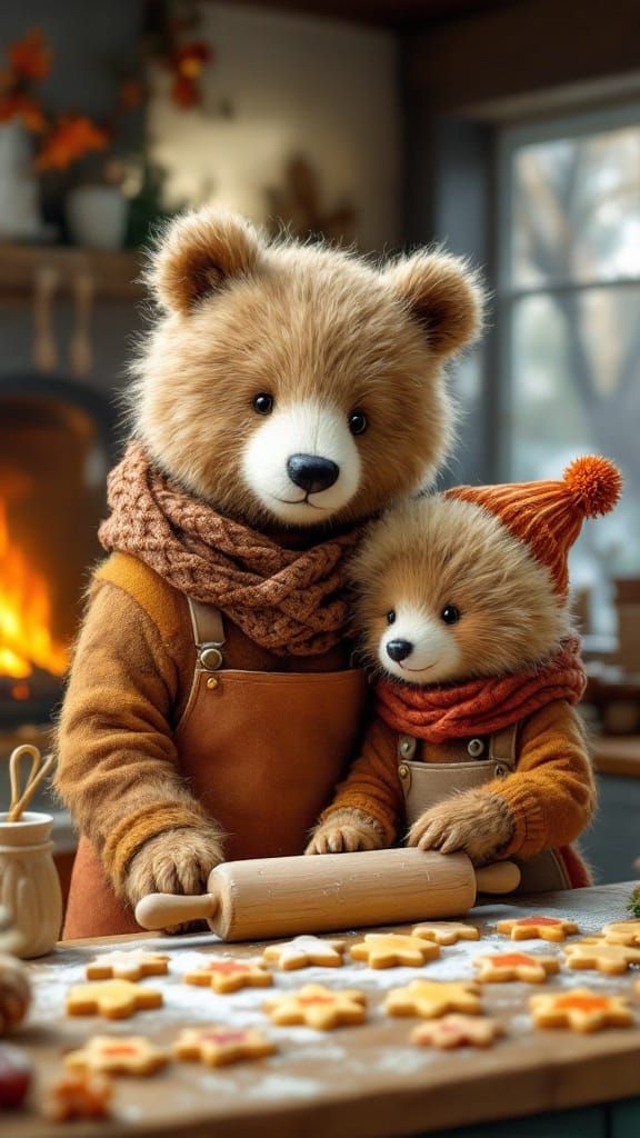 Whimsical Autumn Bears Bake Star-Shaped Cookies in a Cozy Ki...