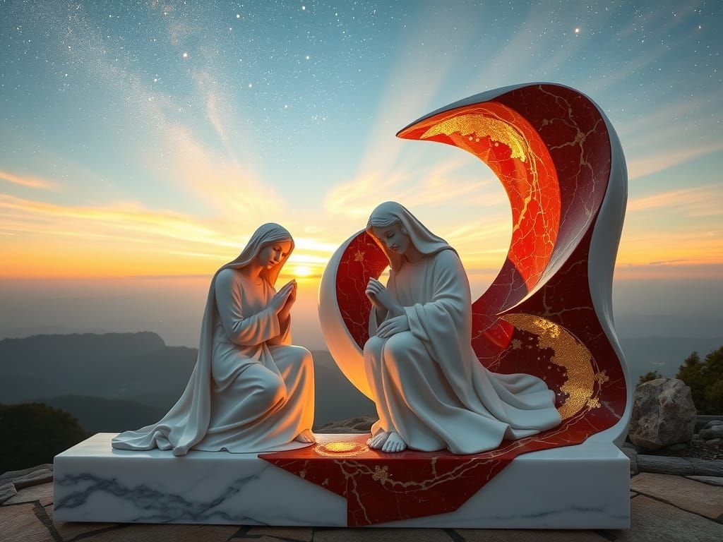 Ethereal Annunciation Sculpture in White Marble and Red Jasp...