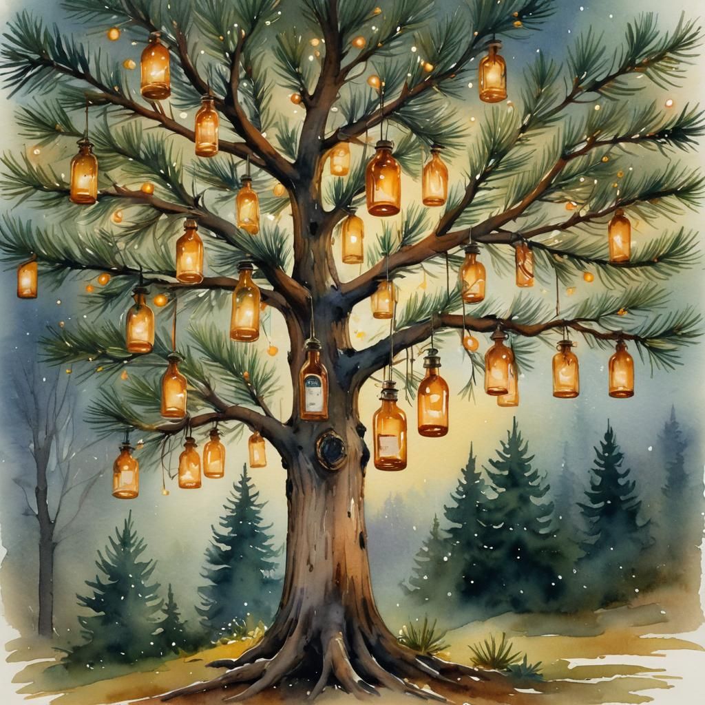 Whimsical Scots Pine with Whisky, in Watercolor