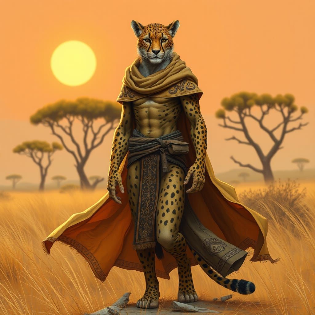 Cheetah-Human Hybrid in Golden Savannah Landscape