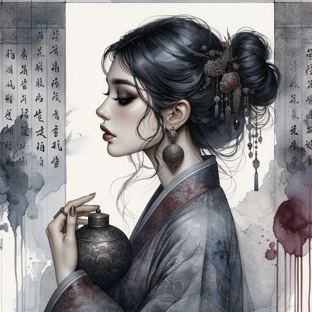 Melancholic Middle-Eastern Woman Portrait in Watercolor Styl...